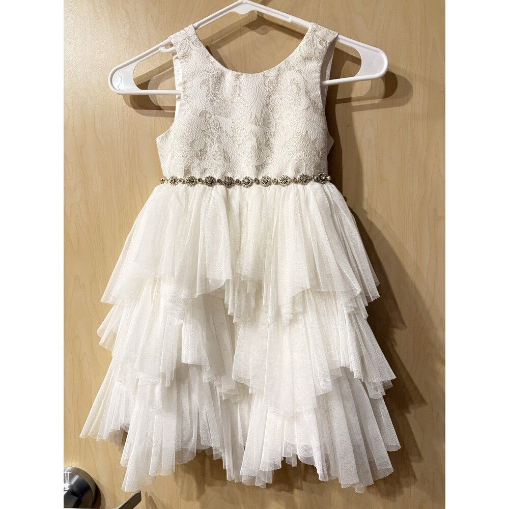 Couture Princess Girls Dress 4 4T Ivory Brocade Tiered Tulle Rhinestone Wedding